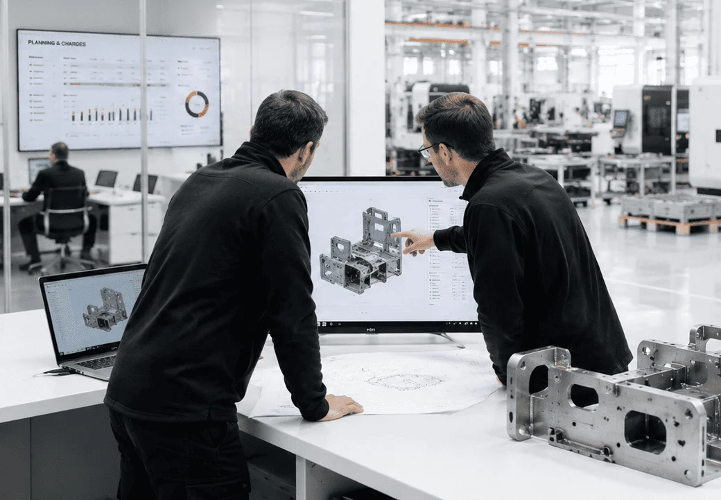Bureau d’études Oxymetal devant un écran de conception