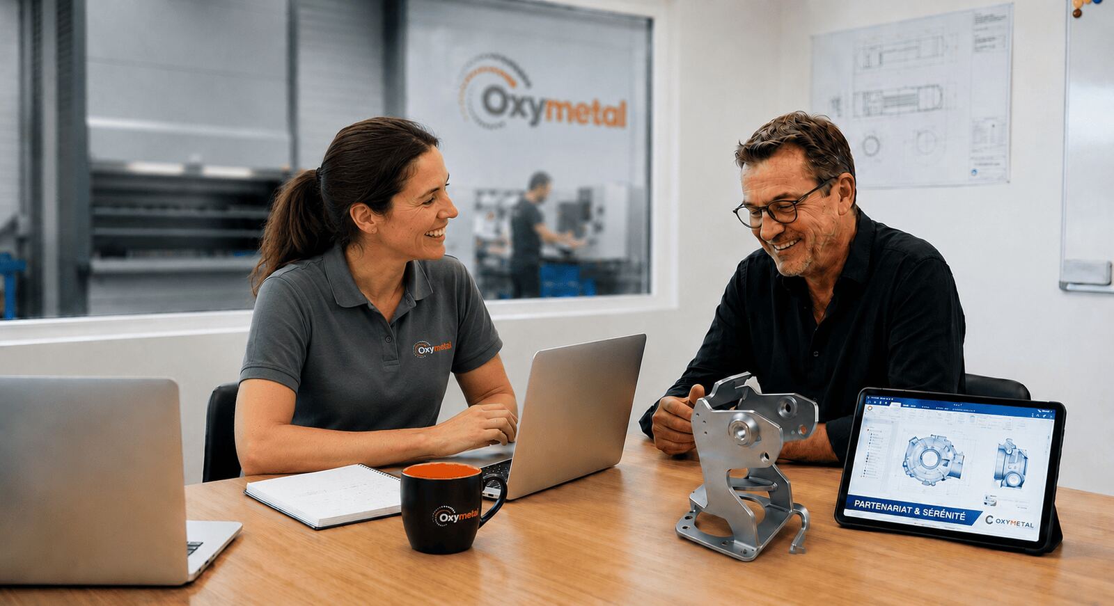 Une collaboratrice Oxymetal et un client examinent une pièce métallique devant l’atelier